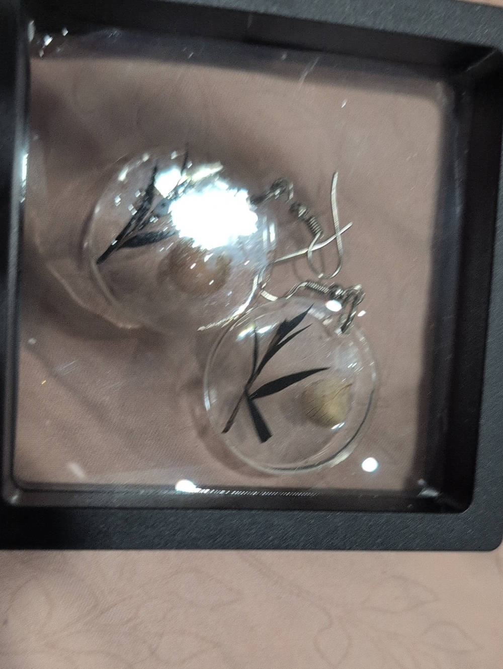 Clear Glass Orb Drop Earrings with Black Leaf Accent